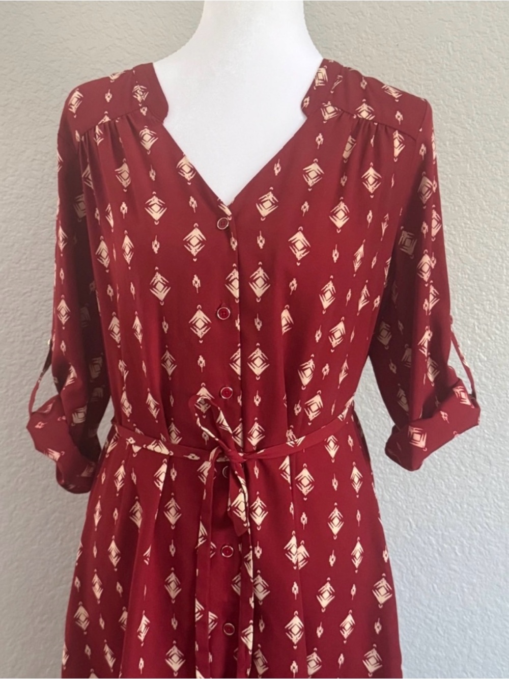 41 Hawthorn Burgandy Red Shirt Dress Button Front Roll Tab Sleeves Belted Sz L - Picture 2 of 11